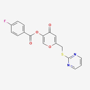 molecular formula C17H11FN2O4S B2547209 4-oxo-6-[(pyrimidin-2-ylsulfanyl)methyl]-4H-pyran-3-yl 4-fluorobenzoate CAS No. 877636-24-3