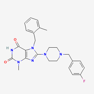 molecular formula C25H27FN6O2 B2547247 8-{4-[(4-Fluorophenyl)methyl]piperazinyl}-3-methyl-7-[(2-methylphenyl)methyl]-1,3,7-trihydropurine-2,6-dione CAS No. 898437-59-7
