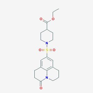 molecular formula C20H26N2O5S B2547425 Ethyl 1-((3-oxo-1,2,3,5,6,7-hexahydropyrido[3,2,1-ij]quinolin-9-yl)sulfonyl)piperidine-4-carboxylate CAS No. 896356-71-1