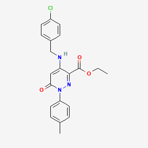 molecular formula C21H20ClN3O3 B2547749 ethyl 4-{[(4-chlorophenyl)methyl]amino}-1-(4-methylphenyl)-6-oxo-1,6-dihydropyridazine-3-carboxylate CAS No. 921989-89-1