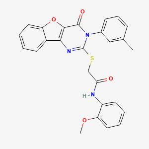 molecular formula C26H21N3O4S B2547889 N-(2-methoxyphenyl)-2-{[5-(3-methylphenyl)-6-oxo-8-oxa-3,5-diazatricyclo[7.4.0.0^{2,7}]trideca-1(9),2(7),3,10,12-pentaen-4-yl]sulfanyl}acetamide CAS No. 872208-01-0