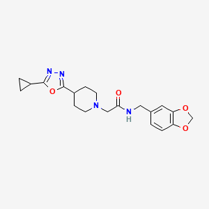 molecular formula C20H24N4O4 B2548030 N-(benzo[d][1,3]dioxol-5-ylmethyl)-2-(4-(5-cyclopropyl-1,3,4-oxadiazol-2-yl)piperidin-1-yl)acetamide CAS No. 1251625-82-7