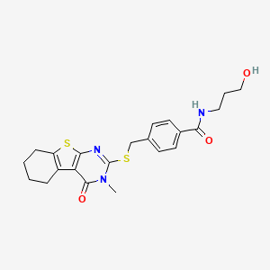 molecular formula C22H25N3O3S2 B2548248 N-(3-hydroxypropyl)-4-[({4-methyl-3-oxo-8-thia-4,6-diazatricyclo[7.4.0.0^{2,7}]trideca-1(9),2(7),5-trien-5-yl}sulfanyl)methyl]benzamide CAS No. 327094-56-4