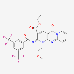 molecular formula C26H20F6N4O5 B2548375 ethyl 6-[3,5-bis(trifluoromethyl)benzoyl]imino-7-(2-methoxyethyl)-2-oxo-1,7,9-triazatricyclo[8.4.0.03,8]tetradeca-3(8),4,9,11,13-pentaene-5-carboxylate CAS No. 685860-01-9