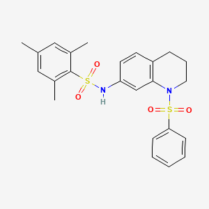 molecular formula C24H26N2O4S2 B2548425 N-[1-(benzenesulfonyl)-1,2,3,4-tetrahydroquinolin-7-yl]-2,4,6-trimethylbenzene-1-sulfonamide CAS No. 951572-67-1