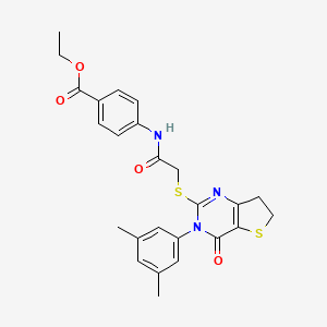 molecular formula C25H25N3O4S2 B2548429 Ethyl 4-(2-((3-(3,5-dimethylphenyl)-4-oxo-3,4,6,7-tetrahydrothieno[3,2-d]pyrimidin-2-yl)thio)acetamido)benzoate CAS No. 877653-73-1