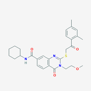 molecular formula C28H33N3O4S B2548443 N-cyclohexyl-2-{[2-(2,4-dimethylphenyl)-2-oxoethyl]sulfanyl}-3-(2-methoxyethyl)-4-oxo-3,4-dihydroquinazoline-7-carboxamide CAS No. 1113137-76-0