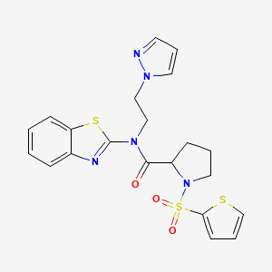 molecular formula C21H21N5O3S3 B2548606 N-(2-(1H-pyrazol-1-yl)ethyl)-N-(benzo[d]thiazol-2-yl)-1-(thiophen-2-ylsulfonyl)pyrrolidine-2-carboxamide CAS No. 1219418-20-8