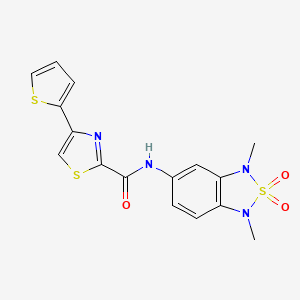 molecular formula C16H14N4O3S3 B2548639 N-(1,3-dimethyl-2,2-dioxido-1,3-dihydrobenzo[c][1,2,5]thiadiazol-5-yl)-4-(thiophen-2-yl)thiazole-2-carboxamide CAS No. 2034338-14-0
