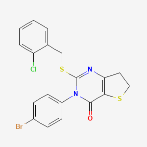 molecular formula C19H14BrClN2OS2 B2548946 3-(4-bromophenyl)-2-{[(2-chlorophenyl)methyl]sulfanyl}-3H,4H,6H,7H-thieno[3,2-d]pyrimidin-4-one CAS No. 687567-69-7