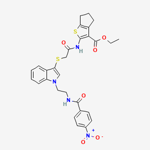 molecular formula C29H28N4O6S2 B2549026 ethyl 2-{2-[(1-{2-[(4-nitrophenyl)formamido]ethyl}-1H-indol-3-yl)sulfanyl]acetamido}-4H,5H,6H-cyclopenta[b]thiophene-3-carboxylate CAS No. 532973-80-1