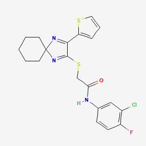 molecular formula C20H19ClFN3OS2 B2549577 N-(3-chloro-4-fluorophenyl)-2-((3-(thiophen-2-yl)-1,4-diazaspiro[4.5]deca-1,3-dien-2-yl)thio)acetamide CAS No. 1223778-88-8