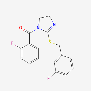 molecular formula C17H14F2N2OS B2549666 (2-Fluorophenyl)-[2-[(3-fluorophenyl)methylsulfanyl]-4,5-dihydroimidazol-1-yl]methanone CAS No. 851865-04-8