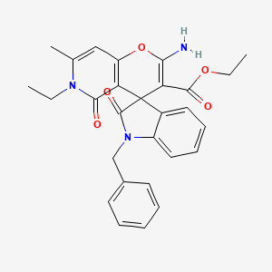molecular formula C28H27N3O5 B2549673 2'-氨基-1-苄基-6'-乙基-7'-甲基-2,5'-二氧代-5',6'-二氢螺[吲哚啉-3,4'-吡喃[3,2-c]吡啶]-3'-羧酸乙酯 CAS No. 886176-13-2