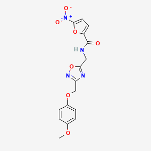 molecular formula C16H14N4O7 B2549675 N-((3-((4-methoxyphenoxy)methyl)-1,2,4-oxadiazol-5-yl)methyl)-5-nitrofuran-2-carboxamide CAS No. 1226454-21-2