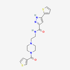 molecular formula C19H21N5O2S2 B2549676 3-(thiophen-2-yl)-N-(2-(4-(thiophene-3-carbonyl)piperazin-1-yl)ethyl)-1H-pyrazole-5-carboxamide CAS No. 1297613-00-3