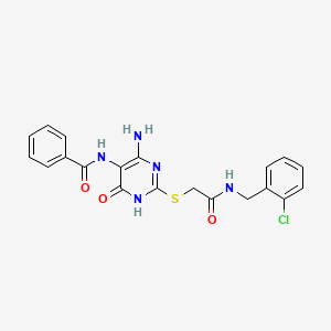 molecular formula C20H18ClN5O3S B2549688 N-(4-amino-2-((2-((2-chlorobenzyl)amino)-2-oxoethyl)thio)-6-oxo-1,6-dihydropyrimidin-5-yl)benzamide CAS No. 872597-04-1