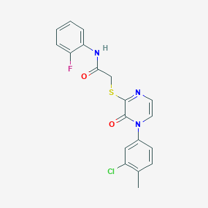 molecular formula C19H15ClFN3O2S B2549765 2-{[4-(3-chloro-4-methylphenyl)-3-oxo-3,4-dihydropyrazin-2-yl]sulfanyl}-N-(2-fluorophenyl)acetamide CAS No. 899944-41-3