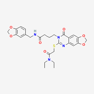 molecular formula C27H30N4O7S B2550198 N-[(2H-1,3-benzodioxol-5-yl)methyl]-4-(6-{[(diethylcarbamoyl)methyl]sulfanyl}-8-oxo-2H,7H,8H-[1,3]dioxolo[4,5-g]quinazolin-7-yl)butanamide CAS No. 896681-57-5