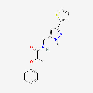 molecular formula C18H19N3O2S B2550649 N-{[1-methyl-3-(thiophen-2-yl)-1H-pyrazol-5-yl]methyl}-2-phenoxypropanamide CAS No. 2320855-01-2