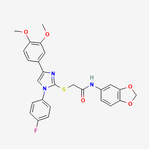 molecular formula C26H22FN3O5S B2550734 N-(2H-1,3-benzodioxol-5-yl)-2-{[4-(3,4-dimethoxyphenyl)-1-(4-fluorophenyl)-1H-imidazol-2-yl]sulfanyl}acetamide CAS No. 866341-01-7