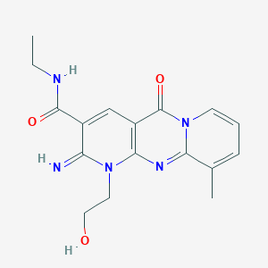 molecular formula C17H19N5O3 B2551058 N-ethyl-7-(2-hydroxyethyl)-6-imino-11-methyl-2-oxo-1,7,9-triazatricyclo[8.4.0.0^{3,8}]tetradeca-3(8),4,9,11,13-pentaene-5-carboxamide CAS No. 370576-32-2