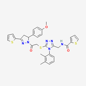 molecular formula C32H30N6O3S3 B2551111 N-{[4-(2,3-dimethylphenyl)-5-({2-[5-(4-methoxyphenyl)-3-(thiophen-2-yl)-4,5-dihydro-1H-pyrazol-1-yl]-2-oxoethyl}sulfanyl)-4H-1,2,4-triazol-3-yl]methyl}thiophene-2-carboxamide CAS No. 362508-41-6
