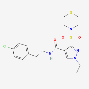 molecular formula C18H23ClN4O3S2 B2551112 N-(4-chlorophenethyl)-1-ethyl-3-(thiomorpholinosulfonyl)-1H-pyrazole-4-carboxamide CAS No. 1251627-21-0