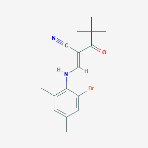 molecular formula C16H19BrN2O B2551238 (2E)-2-{[(2-bromo-4,6-dimethylphenyl)amino]methylidene}-4,4-dimethyl-3-oxopentanenitrile CAS No. 1025270-12-5