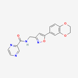 molecular formula C17H14N4O4 B2551336 N-((5-(2,3-dihydrobenzo[b][1,4]dioxin-6-yl)isoxazol-3-yl)methyl)pyrazine-2-carboxamide CAS No. 1206997-87-6