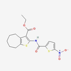 molecular formula C17H18N2O5S2 B2551580 ethyl 2-(5-nitrothiophene-2-carboxamido)-5,6,7,8-tetrahydro-4H-cyclohepta[b]thiophene-3-carboxylate CAS No. 477504-69-1