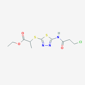 molecular formula C10H14ClN3O3S2 B2552025 Ethyl 2-((5-(3-chloropropanamido)-1,3,4-thiadiazol-2-yl)thio)propanoate CAS No. 391875-01-7