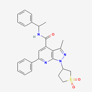 molecular formula C26H26N4O3S B2552246 1-(1,1-dioxidotetrahydrothiophen-3-yl)-3-methyl-6-phenyl-N-(1-phenylethyl)-1H-pyrazolo[3,4-b]pyridine-4-carboxamide CAS No. 1021119-27-6