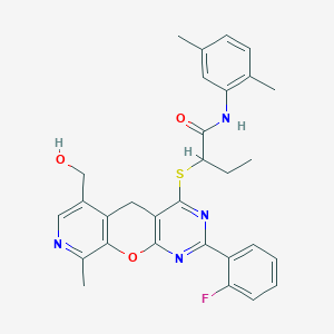 molecular formula C30H29FN4O3S B2552548 N-(2,5-dimethylphenyl)-2-[[5-(2-fluorophenyl)-11-(hydroxymethyl)-14-methyl-2-oxa-4,6,13-triazatricyclo[8.4.0.03,8]tetradeca-1(10),3(8),4,6,11,13-hexaen-7-yl]sulfanyl]butanamide CAS No. 892386-74-2