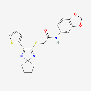 molecular formula C20H19N3O3S2 B2552630 N-(2H-1,3-benzodioxol-5-yl)-2-{[3-(thiophen-2-yl)-1,4-diazaspiro[4.4]nona-1,3-dien-2-yl]sulfanyl}acetamide CAS No. 1223950-65-9