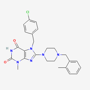 molecular formula C25H27ClN6O2 B2553103 7-[(4-Chlorophenyl)methyl]-3-methyl-8-{4-[(2-methylphenyl)methyl]piperazinyl}-1,3,7-trihydropurine-2,6-dione CAS No. 898428-03-0