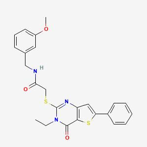 molecular formula C24H23N3O3S2 B2553136 2-({3-ethyl-4-oxo-6-phenyl-3H,4H-thieno[3,2-d]pyrimidin-2-yl}sulfanyl)-N-[(3-methoxyphenyl)methyl]acetamide CAS No. 1185082-77-2