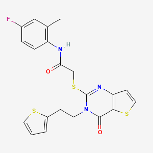 molecular formula C21H18FN3O2S3 B2553178 N-(4-fluoro-2-methylphenyl)-2-({4-oxo-3-[2-(thiophen-2-yl)ethyl]-3,4-dihydrothieno[3,2-d]pyrimidin-2-yl}sulfanyl)acetamide CAS No. 1260999-36-7