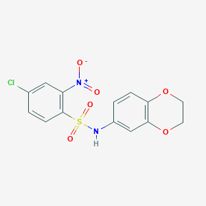 molecular formula C14H11ClN2O6S B2553180 ((4-Chloro-2-nitrophenyl)sulfonyl)-4-oxachroman-6-ylamine CAS No. 1024448-57-4