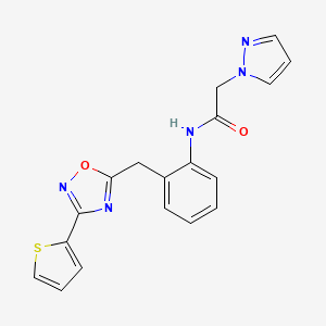 molecular formula C18H15N5O2S B2553234 2-(1H-吡唑-1-基)-N-(2-((3-(噻吩-2-基)-1,2,4-恶二唑-5-基)甲基)苯基)乙酰胺 CAS No. 1797598-63-0