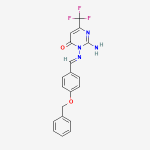 molecular formula C19H15F3N4O2 B2553238 2-amino-3-[(E)-{[4-(benzyloxy)phenyl]methylidene}amino]-6-(trifluoromethyl)-3,4-dihydropyrimidin-4-one CAS No. 866145-95-1