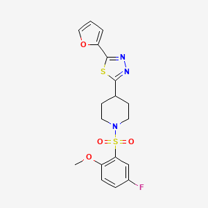 molecular formula C18H18FN3O4S2 B2553306 2-(1-((5-Fluoro-2-methoxyphenyl)sulfonyl)piperidin-4-yl)-5-(furan-2-yl)-1,3,4-thiadiazole CAS No. 1105209-15-1