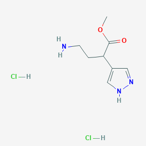 molecular formula C8H15Cl2N3O2 B2553377 Methyl 4-amino-2-(1H-pyrazol-4-yl)butanoate;dihydrochloride CAS No. 2402829-32-5
