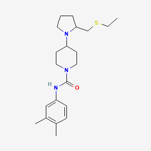 molecular formula C21H33N3OS B2553411 N-(3,4-dimethylphenyl)-4-(2-((ethylthio)methyl)pyrrolidin-1-yl)piperidine-1-carboxamide CAS No. 1795192-97-0