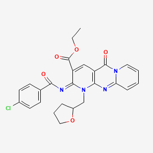 molecular formula C26H23ClN4O5 B2553436 ethyl 6-(4-chlorobenzoyl)imino-2-oxo-7-(oxolan-2-ylmethyl)-1,7,9-triazatricyclo[8.4.0.03,8]tetradeca-3(8),4,9,11,13-pentaene-5-carboxylate CAS No. 534580-97-7