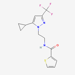 molecular formula C14H14F3N3OS B2553499 N-{2-[5-cyclopropyl-3-(trifluoromethyl)-1H-pyrazol-1-yl]ethyl}thiophene-2-carboxamide CAS No. 1797674-76-0