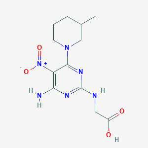 molecular formula C12H18N6O4 B2553550 N-[4-amino-6-(3-methylpiperidin-1-yl)-5-nitropyrimidin-2-yl]glycine CAS No. 714285-83-3