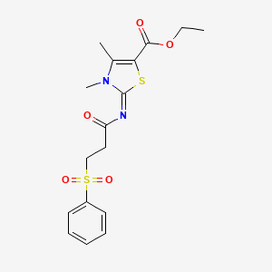 molecular formula C17H20N2O5S2 B2553601 ethyl (2E)-2-{[3-(benzenesulfonyl)propanoyl]imino}-3,4-dimethyl-2,3-dihydro-1,3-thiazole-5-carboxylate CAS No. 1321953-13-2
