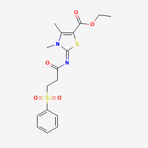 molecular formula C17H20N2O5S2 B2553601 Ethyl 2-[3-(benzenesulfonyl)propanoylimino]-3,4-dimethyl-1,3-thiazole-5-carboxylate CAS No. 1321953-13-2