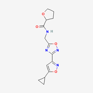 molecular formula C14H16N4O4 B2553671 N-((3-(5-cyclopropylisoxazol-3-yl)-1,2,4-oxadiazol-5-yl)methyl)tetrahydrofuran-2-carboxamide CAS No. 2034309-20-9